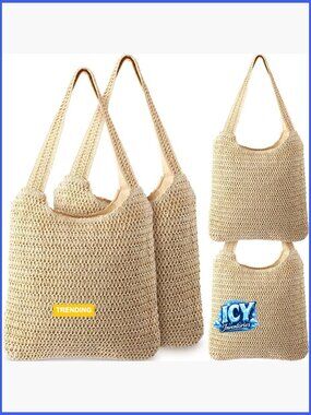 Set of 4 Crochet Mesh Woven Beach Straw Tote Bags Boho Handmade Shoulder Bags